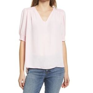 Gibson Look Smocked  V-Neck Blouse In Lovely Pink Short Sleeves NWT Size Small